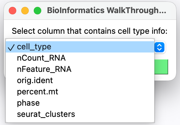 The cluster column dropdown, listing every obs column