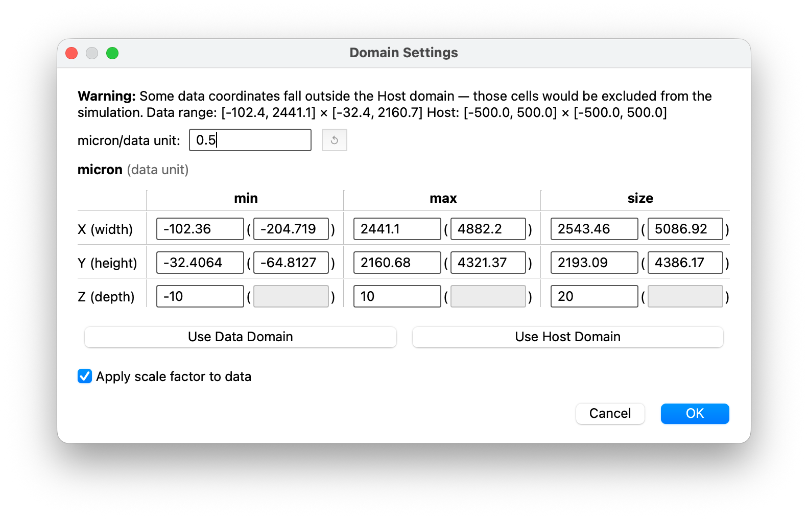 The domain editor, opened on an "outside" mismatch