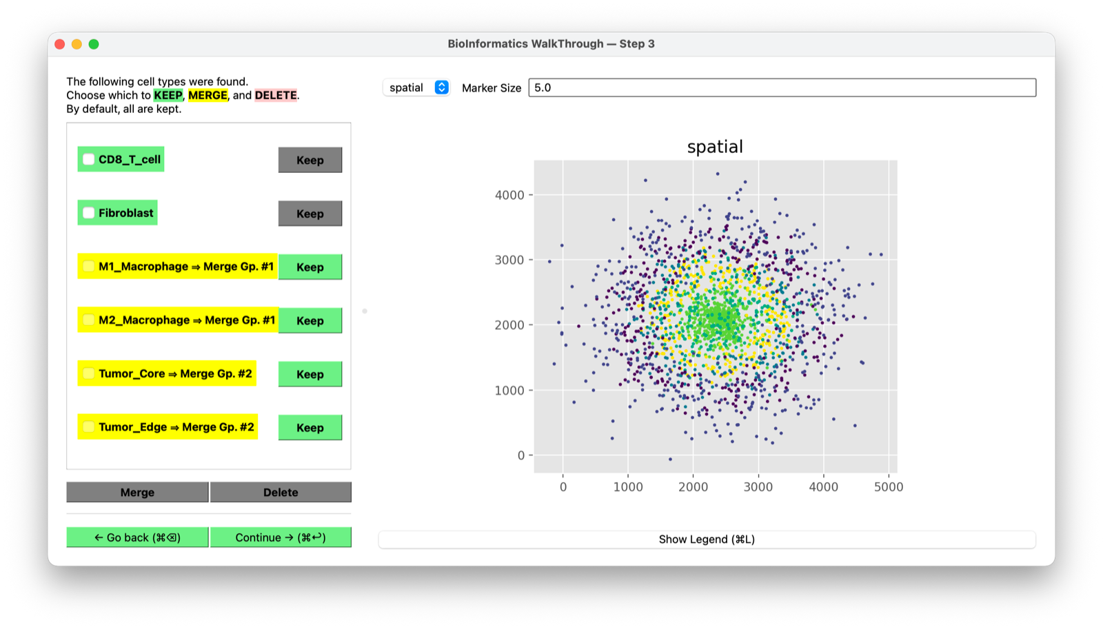 Edit cell types, with the spatial scatter plot alongside