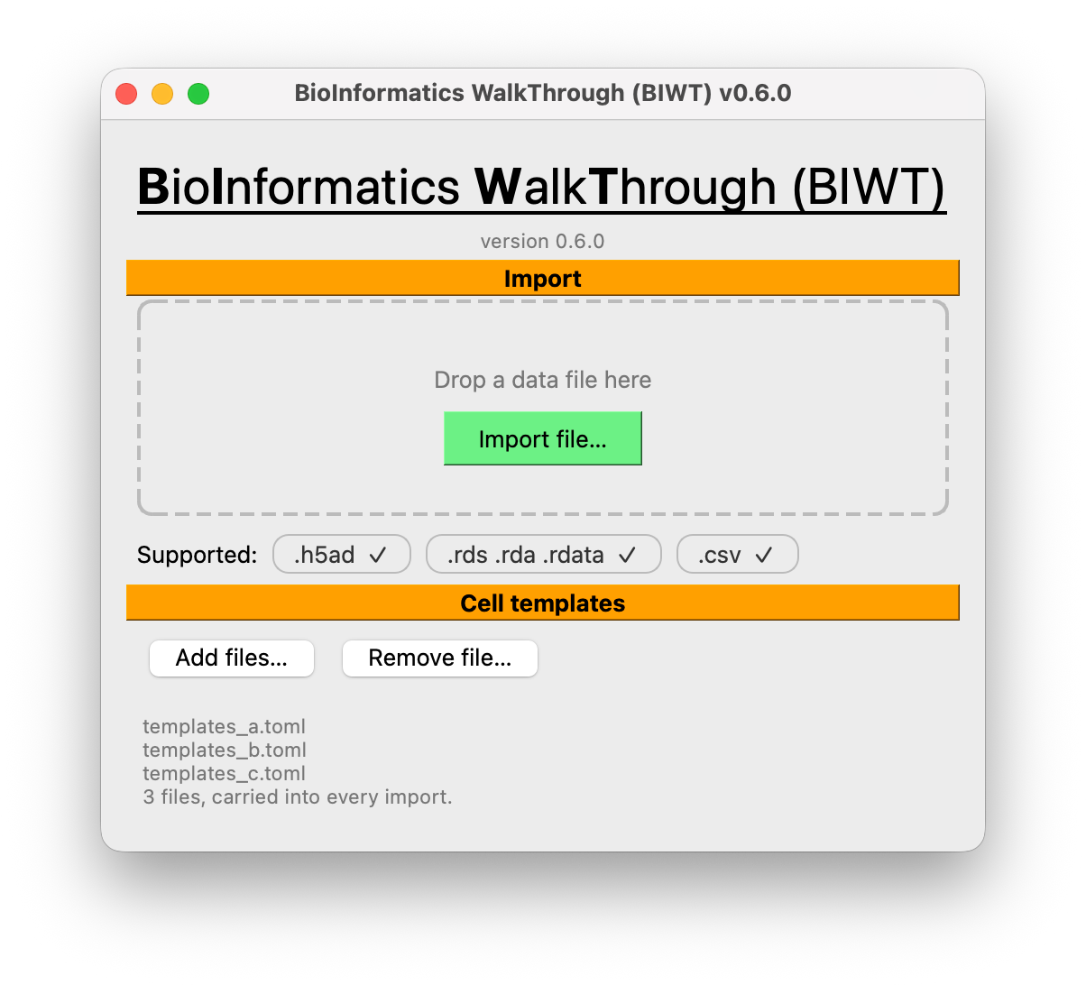 The BIWT import screen