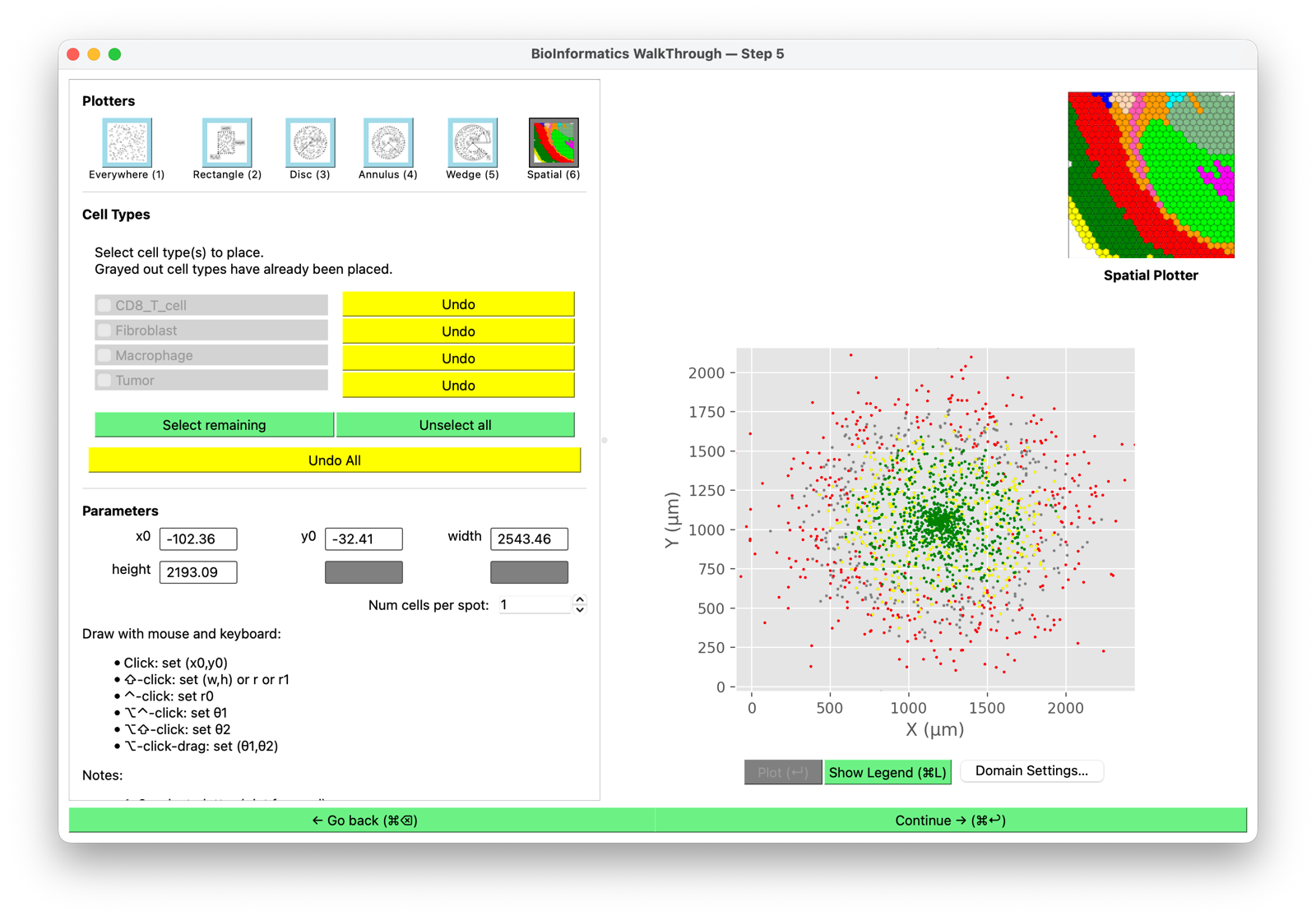 The positions screen after placing, cells colored by type