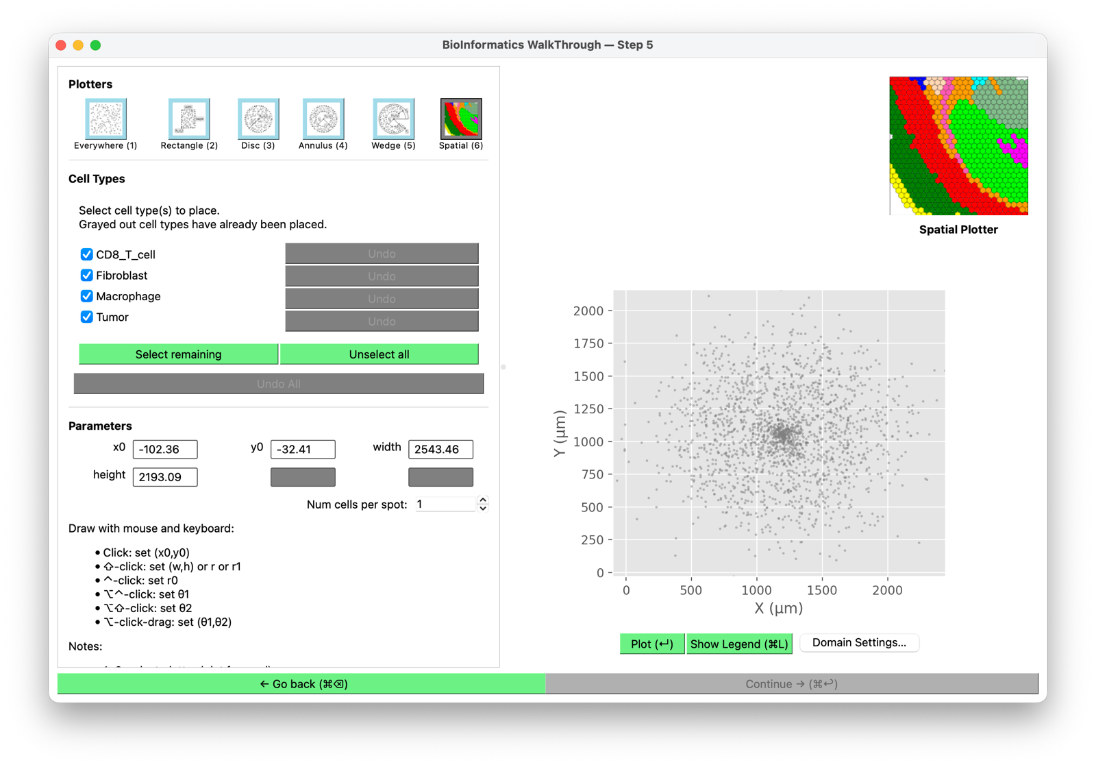 The positions screen before placing, cell types selected